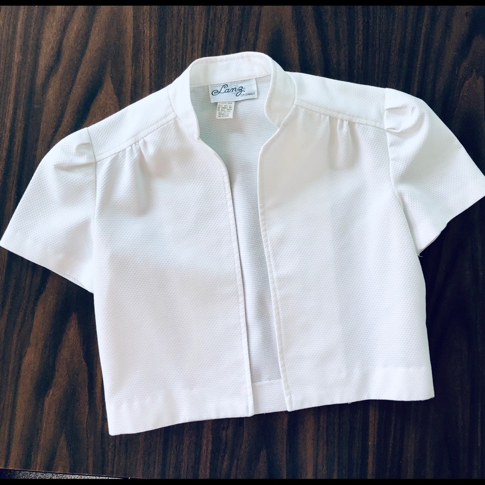 Lanz white Piquet short sleeve bolero style crop jacket Mandarin collar Size 4